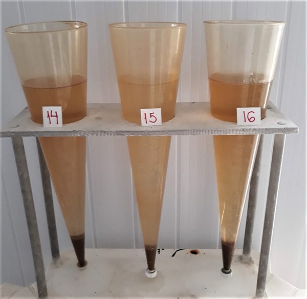 Đo thể tích biofloc bằng phiễu lắng Imhoff.