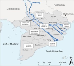 Hình 17.1 Đồng bằng sông Cửu Long hiển thị các tỉnh và vùng sinh thái nông nghiệp. (Nguồn: Bản đồ cơ sở của CartoGIS Services, Trường Cao đẳng Châu Á và Thái Bình Dương, Đại học Quốc gia Úc)
