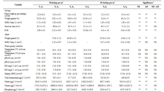 Bảng 1: Ảnh hưởng của mật độ tôm và tảo đến sản lượng, các thông số tăng trưởng của tôm thẻ chân trắng Litopenaeus vannamei, FCR và chất lượng nước trong hệ thống không thay nước trong thời gian nuôi 45 ngày (Trung bình ± SE).